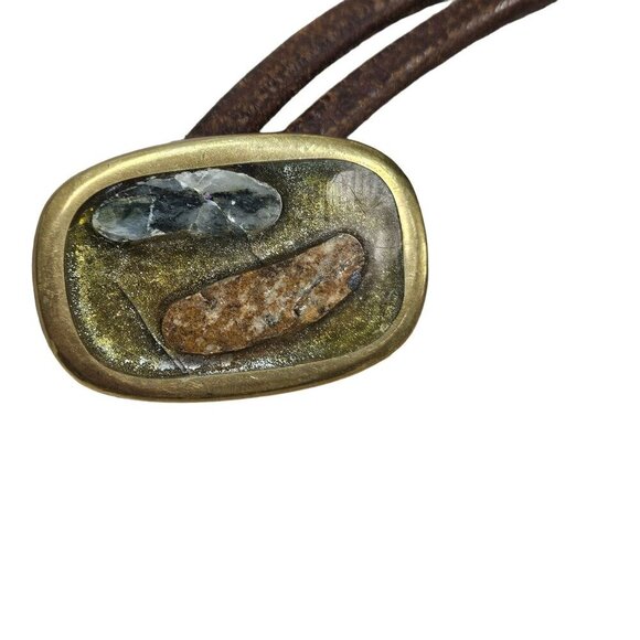 Brass Inlay Buckle Double-Layer Leather Belt Stone Accents Possibly Homemade‎ main image 11